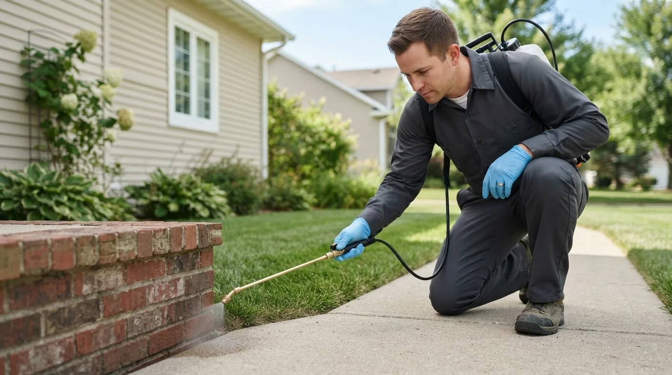 Pest control technician treating a home near Alexander, ND